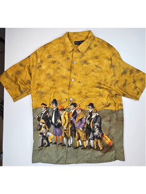 Guy Buffet Golf Shirt Mens L 100% Silk Golfer Art Hawaiian Camp Button Up